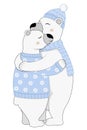 Cute hugging polar bears in winter sweater, scarf and hat Royalty Free Stock Photo