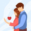 Cute hugs and support concept. A happy young couple. Man and woman standing, expressing care and love. Cute vector