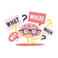 Cute human brain with smart thoughtful face and glasses surrounded by questions and interrogation points. Cute cartoon Royalty Free Stock Photo