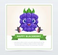 Cute humanized bramble berry character, happy blackberry banner flat vector element for website or mobile app