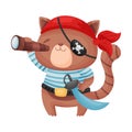 Cute brown cat pirate. Vector illustration on white background.