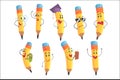 Cute Humanized Pencil Character With Arms And Face Emoji Illustrations Set