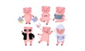 Cute humanized pink pig in different situations. Vector illustration.