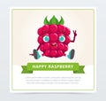 Cute humanized raspberry character showing victory sign, happy raspberry banner flat vector element for website or