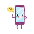 Cute humanized smartphone with kawaii face showing Ok gesture. Cartoon character. Flat vector design