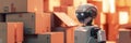 Cute humanoid robot among cardboard boxes in a warm warehouse setting. Concept of AI and robotics in storage management Royalty Free Stock Photo