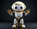 Cute humanoid robot full body over dark background waving hello.