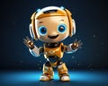 Cute humanoid robot full body over dark background waving hello.