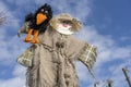 Cute humanoid scarecrow together with a crow on a background of blue sky, Ukraine. Close up