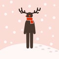 Cute humanoid stick man - deer on the winter background.