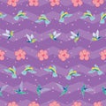 Cute HummingBirds and hibiscus flowers seamless pattern on purple chevron background with stars illustration Royalty Free Stock Photo