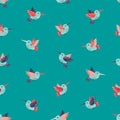 Cute hummingbirds seamless vector pattern on teal background. Flying birds, hummingbirds, colibri on turquoise backdrop.