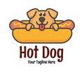 Cute humorous hot dog logo with curious puppy