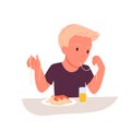 Cute hungry boy eating spaghetti bolognese on dinner or lunch, healthy Italian food
