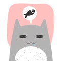 Cute hungry cat with anime emotion and speech babble with fish. Hand drawn vector illustration of kitty in flat cartoon design.