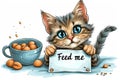 Cute hungry kitty with big eyes holding a sign that says FEED ME. Concept of pet care, animal feeding, funny cats, and Royalty Free Stock Photo