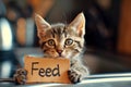 Cute hungry kitty with large, pleading eyes holding a "Feed Me" cardboard sign. Concept of pet care, animal feeding Royalty Free Stock Photo