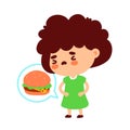 Cute hungry young girl think about burger