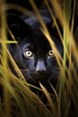 Cute hunting black panther baby lurking in the high golden grass, generative ai