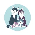 Cute husky family. Mom, Dad and puppies brother and sister. Childish hand-drawn illustration in simple cartoon style in pastel