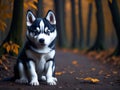 Cute husky puppy on hiking in autumn forest on background. Halloween costume. Dog vacation relax concept. Generative Ai