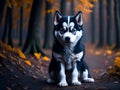 Cute husky puppy on hiking in autumn forest on background. Halloween costume. Dog vacation relax concept. Generative Ai