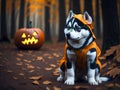 Cute husky puppy wearing halloween costume autumn forest on background. Halloween costume. Dog vacation relax concept. Generative