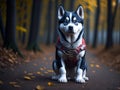Cute husky puppy wearing superhero costume autumn forest on background. Halloween costume. Dog vacation relax concept. Generative