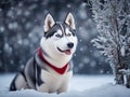 Cute husky on snowy background, dog in winter