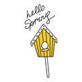 Cute hut for birds. Birdhouse in doodle style. Sloppy lettering with the phrase Hello Spring. Simple icon and an Royalty Free Stock Photo