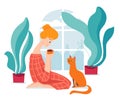 Vector hygge illustration with a woman drink coffe with her cat.