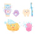 Cute hygiene characters set, funny toothpaste, toothbrush and dental floss to brush teeth Royalty Free Stock Photo