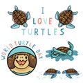 Cute I love turtles cartoon vector illustration motif set