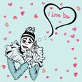 Cute I Love You Card with hand drawn Pierrot isolated on blue background.
