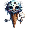 A cute Ice-cream character with wooden sign board and text on it Ice with me!