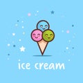 Cute ice cream cone cartoon comic character with smiling face tasty icecream happy emoji kawaii style sweet dessert food