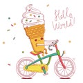 Cute ice-cream cone rides a bicycl