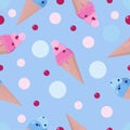 Cute ice cream cones and colorful dots seamless pattern