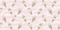 Sweet seamless pattern with cute ice cream cones with funny faces on a soft pink background with polka dots and waves