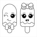 Cute Ice Cream Couple Coloring Page. Kawaii Ice Cream With Smiling Face Illustration