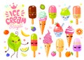 Cute ice cream frozen juice ice lolly funny characters set. Smiling cartoon happy face kids style collection.