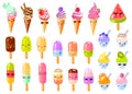 Cute ice cream frozen juice ice lolly funny characters set. Smiling cartoon happy face kids style collection.