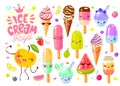 Cute ice cream frozen juice ice lolly funny characters set. Smiling cartoon happy face kids style collection.