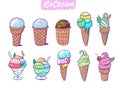 Cute Ice cream icon big set collection. Vector illustration. Cartoon style. Isolated on white background. Royalty Free Stock Photo