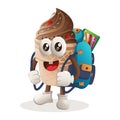 Cute ice cream mascot carrying a schoolbag, backpack, back to school