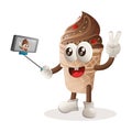 Cute ice cream mascot takes a selfie with smartphone