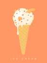 Cute ice cream poster. Vector vanilla-apricot ice cream in a cone on orange background.