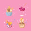 Cute Ice cream refreshing desserts vector set. Balls and soft ice cream in glass bowl and waffle cup. Summer frozen sweets
