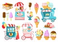 Cute ice cream sellers. Different types of cold sweets in cones, waffles and on sticks. Shopping tent on wheels. Park