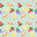 Cute ice-cream tropical fruits vector illustration. Tropical fruits seamless pattern. Summer and freshness concept.